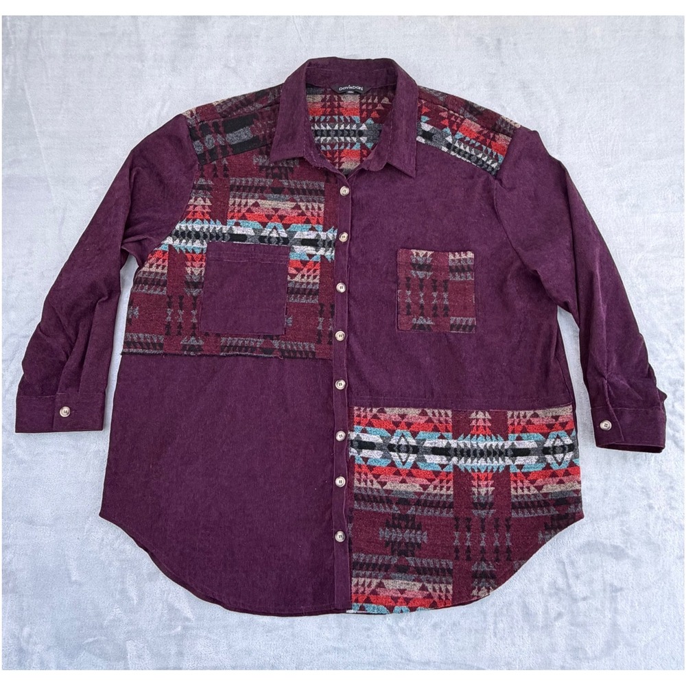 Davi & Dani Womens Shacket Shirt Patchwork Corduroy Southwestern Boho Purple 2XL